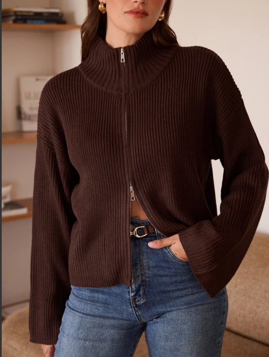 ZIP CARDI - 10-14 - CHOCOLATE