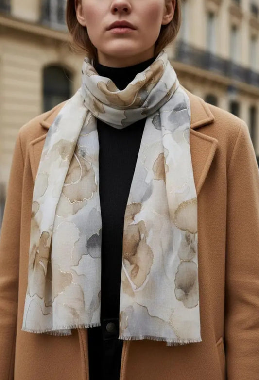 FOIL FLORAL PRINT SCARF - TAUPE