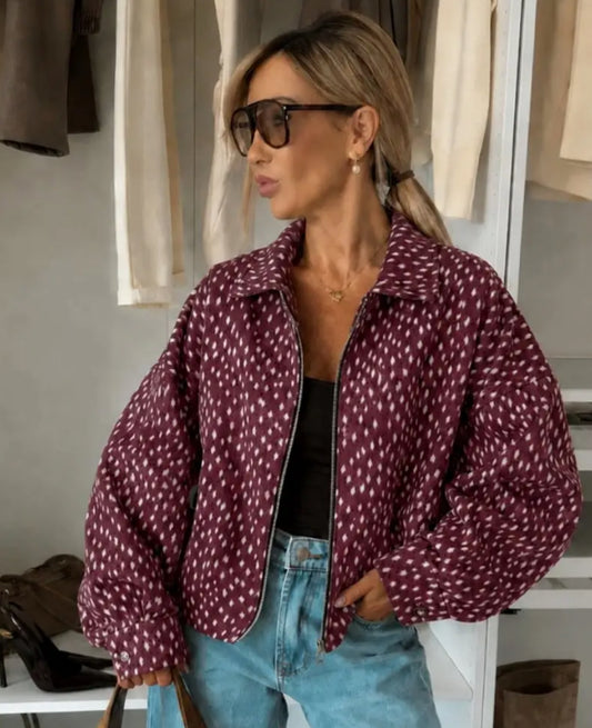 DOE PRINT BOMBER JACKET - 10-16 - BURGUNDY