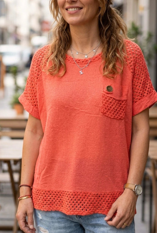 COTTON MESH POCKET TOP - 10-16 - CORAL