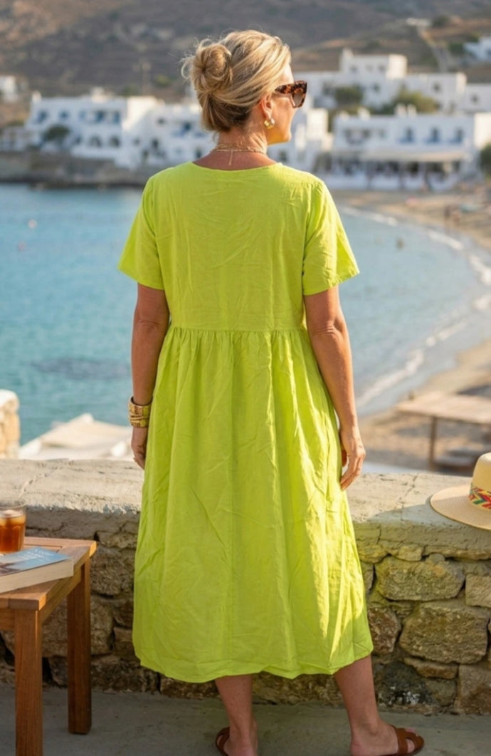 COTTON EMBROIDERY DRESS - 14-18 - LIME