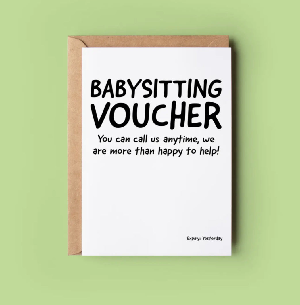 IRISH MADE & DESIGNED GREETING CARD - BABYSITTING VOUCHER