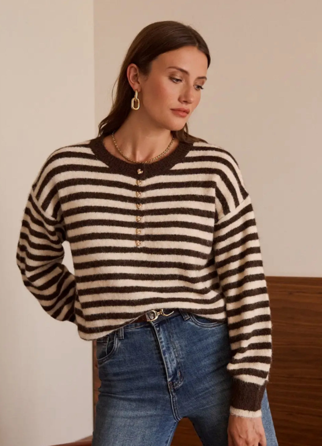BUTTON STRIPE KNIT - 8-14/16 - CHOCOLATE