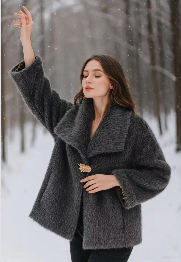 FAUX FUR BROOCH COAT - 10-16 - CHARCOAL