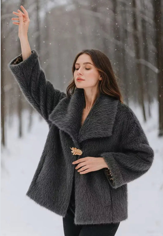 FAUX FUR BROOCH COAT - 10-16 - CHARCOAL