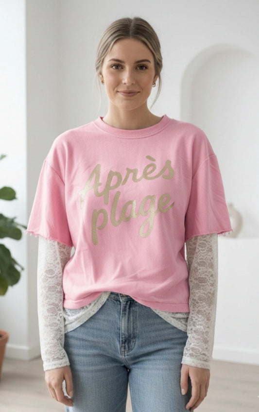 LACE SLEEVE TEE - 8-14 - PINK