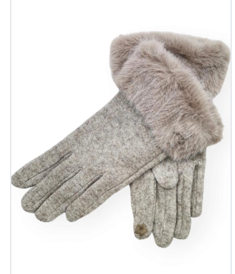 FAUX FUR TRIM GLOVES - TAUPE