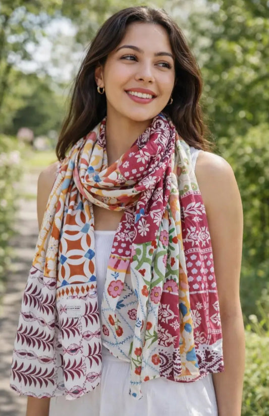 COTTON MULTI PRINT SCARF - RED