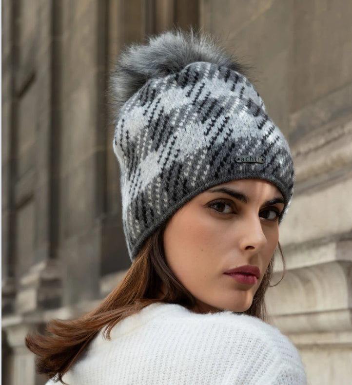 FLEECE LINED POM HAT - GREY