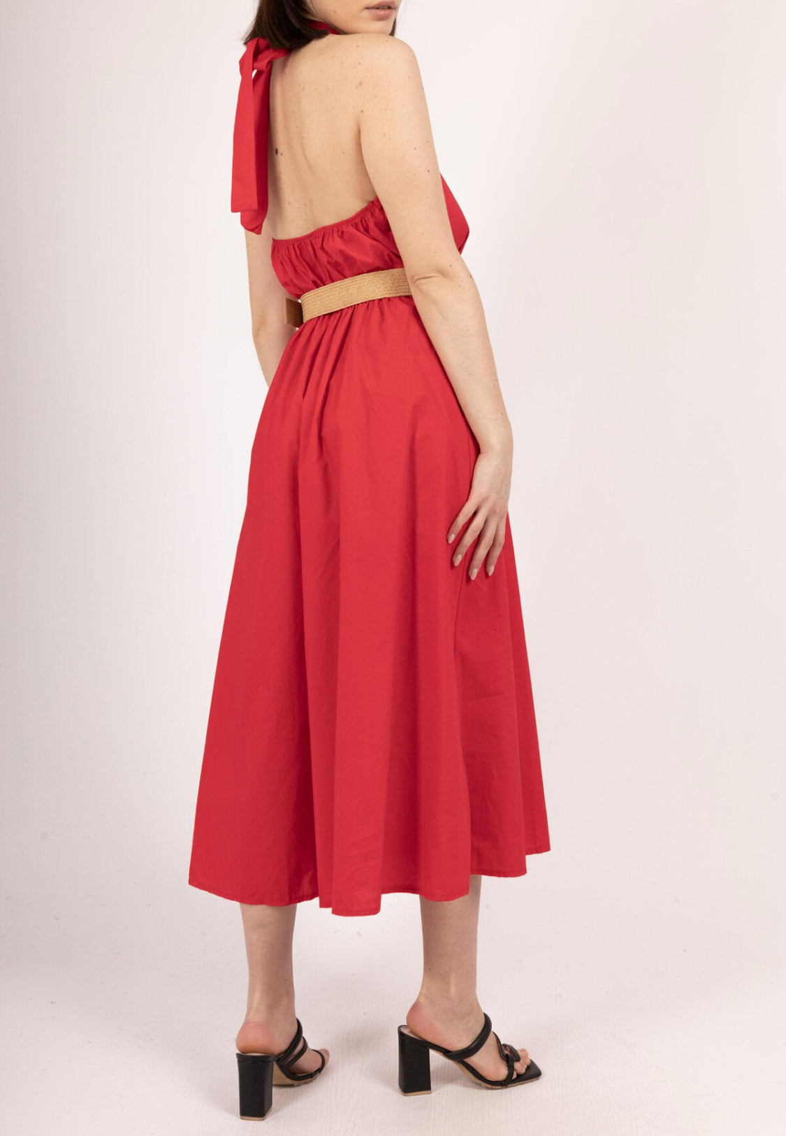 COTTON HALTERNECK BELTED DRESS - 8-12 - RED