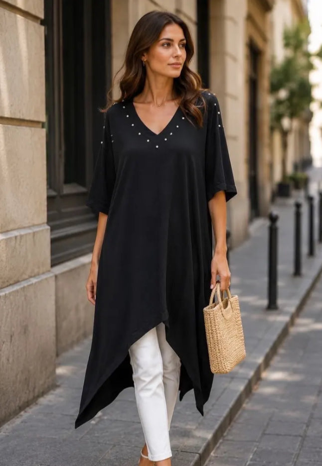 STUD DIP HEM TUNIC - 10-16 - BLACK