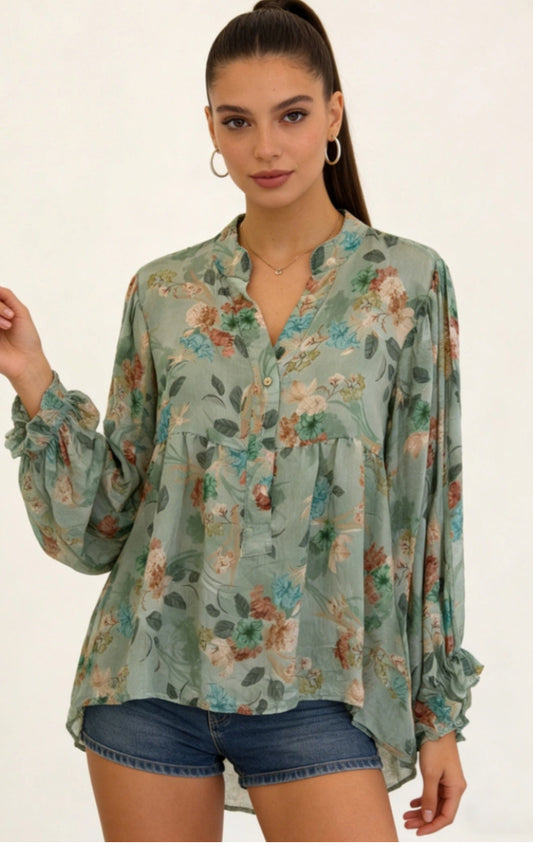 FLORAL TUNIC BLOUSE - 10-16 - GREEN