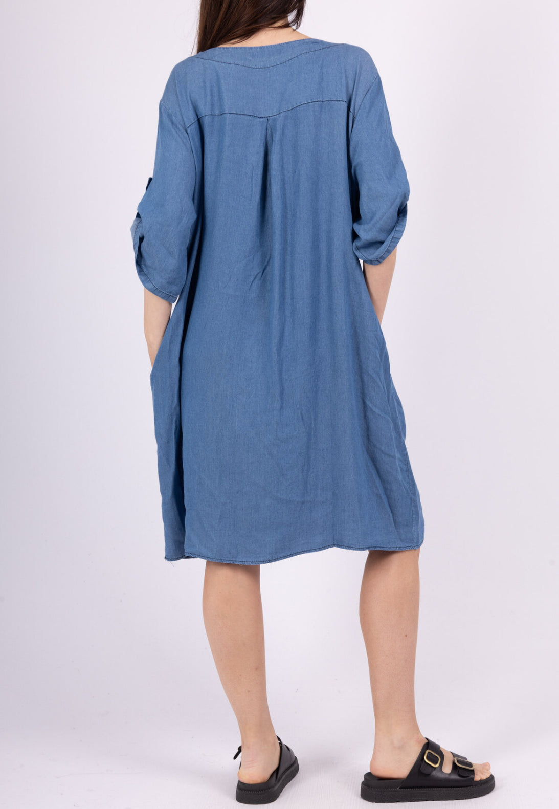 COTTON BUTTON DETAIL DENIM TUNIC DRESS - 10-16 - MID WASH