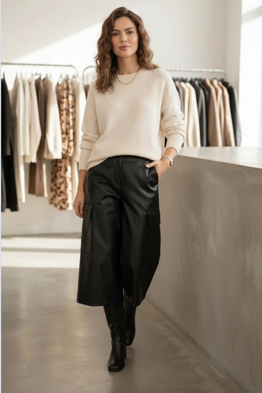 LEATHERETTE CROPPED CARGO PANTS - 10-16 - BLACK