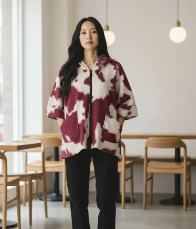 WOOL BLEND COW PRINT HOOD COAT - 12-18 - BURGUNDY