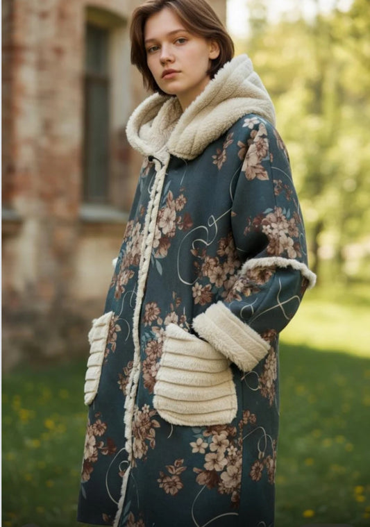 FUR TRIM PRINTED COAT - 10-16 - TEAL