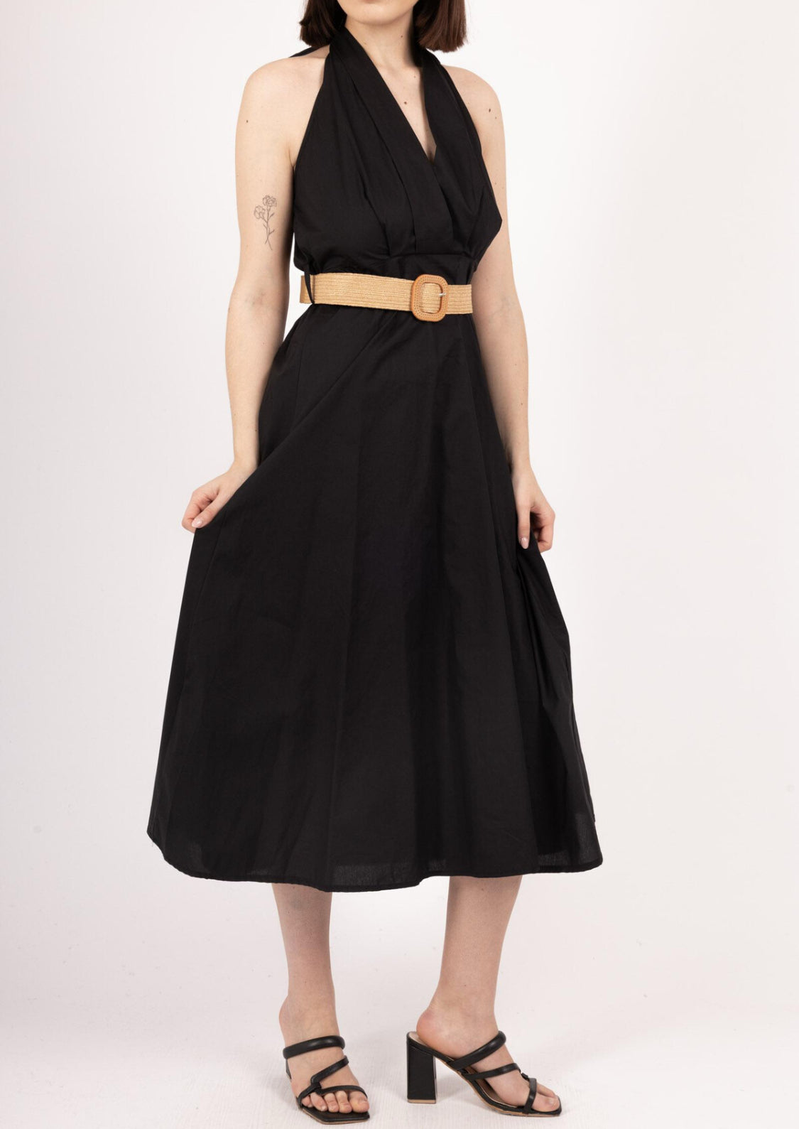 COTTON HALTERNECK BELTED DRESS - 8-12 - BLACK