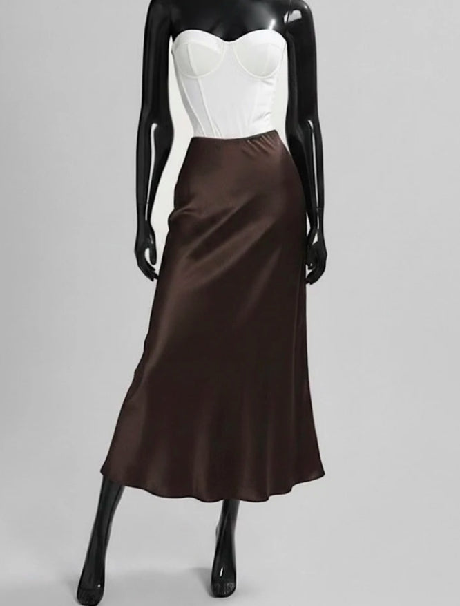 SATIN MAXI SKIRT - 10-16 - CHOCOLATE