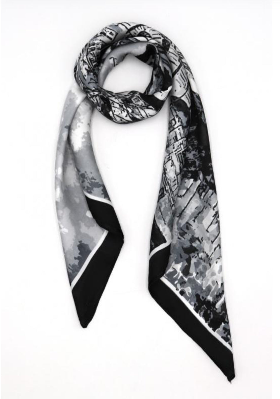 SILK BLEND NECK SQUARE CITYSCAPE SCARF - BLACK/WHITE