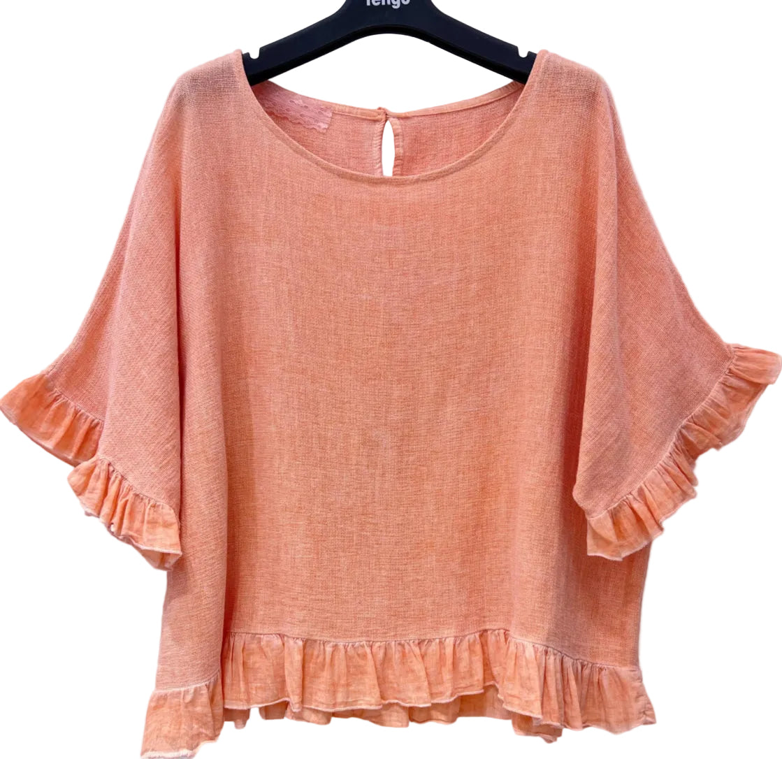 FRILL TRIM COTTON LINEN TOP - 10-16