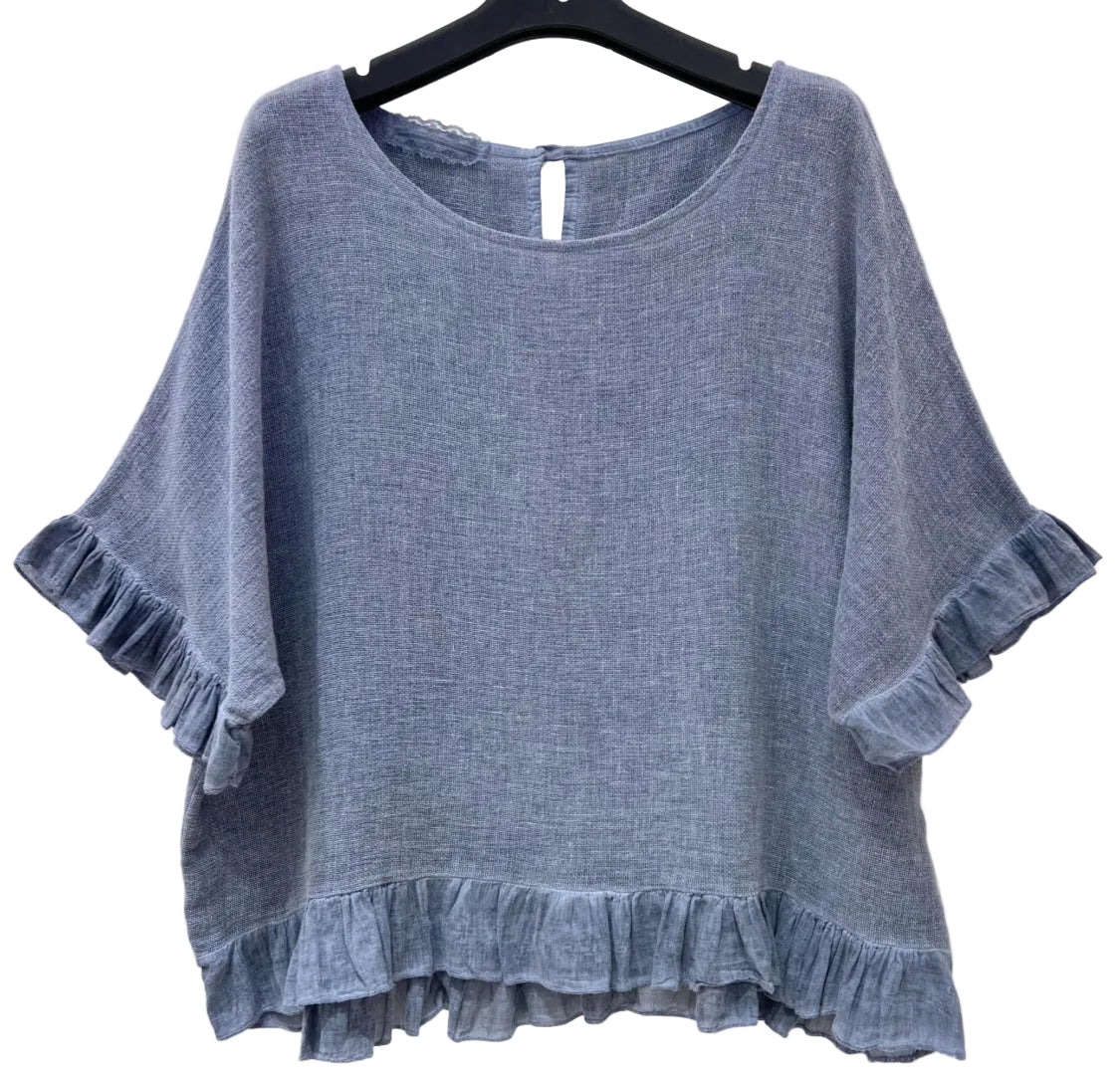 LINEN/COTTON FRILL TRIM TOP - 10-16 - BLUE
