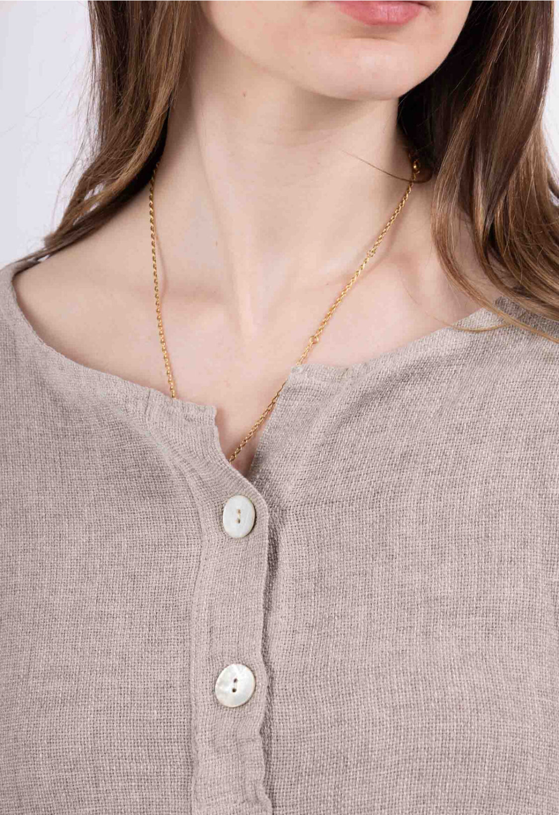 COTTON/LINEN BLEND BUTTON DETAIL TOP - 8-14 - TAUPE