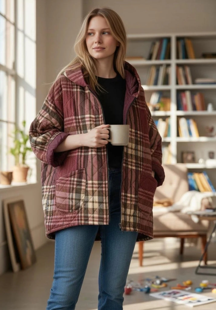 CHECK DOWN FILLED COAT - 12-18 -BURGUNDY