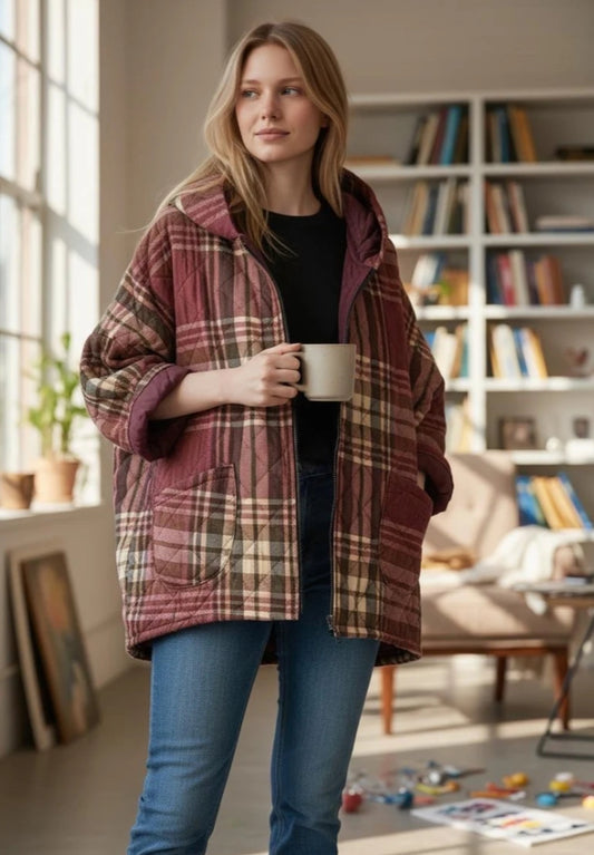 CHECK DOWN FILLED COAT - 12-18 -BURGUNDY