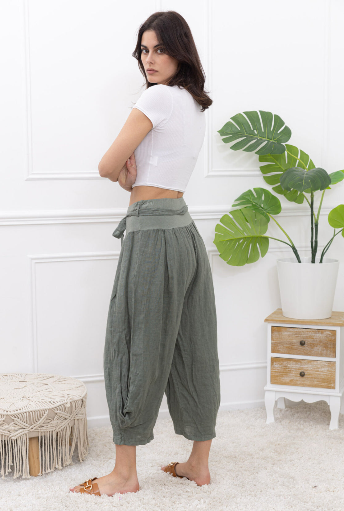 TULIP HEM LINEN PANTS - 10-16 - KHAKI