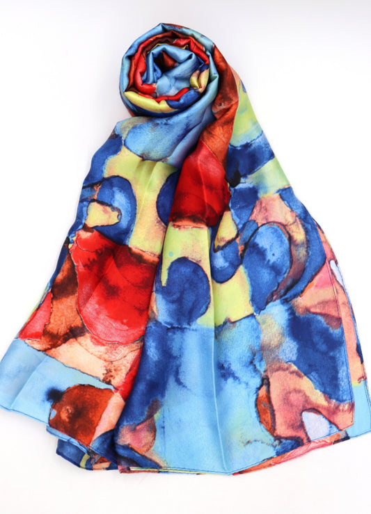 SILK BLEND ABSTRACT PRINT SCARF- BLUE