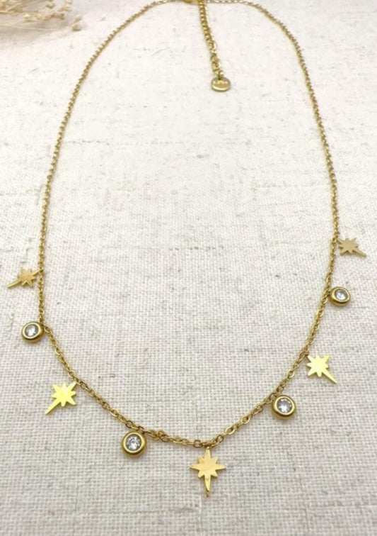 GOLD PLATED STAINLESS STEEL NECKLACE - STARS & CRYSTALS