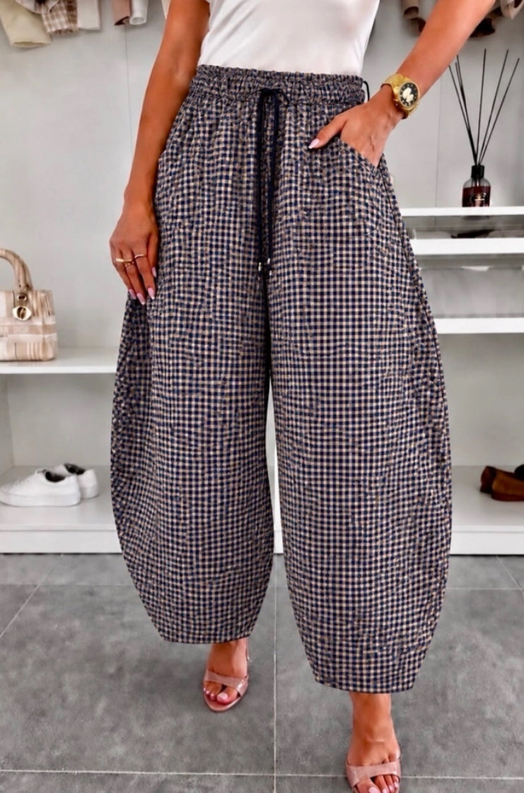 SUEDETTE CHECK BARREL PANTS - 10-16 - NAVY