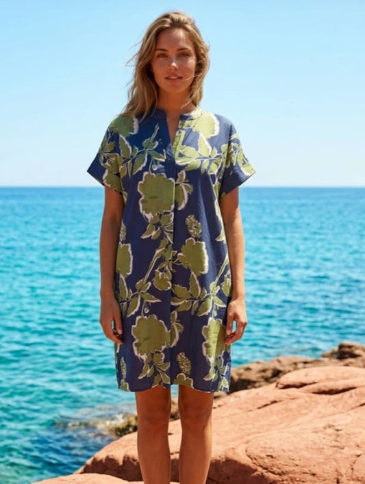 COTTON FLORAL DRESS - 10-14 - NAVY/LIME
