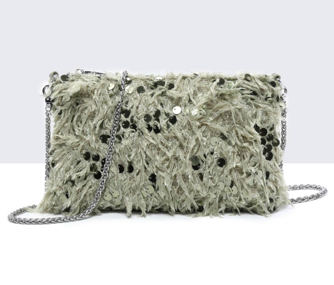 SEQUIN FEATHER OCCASION BAG - SAGE