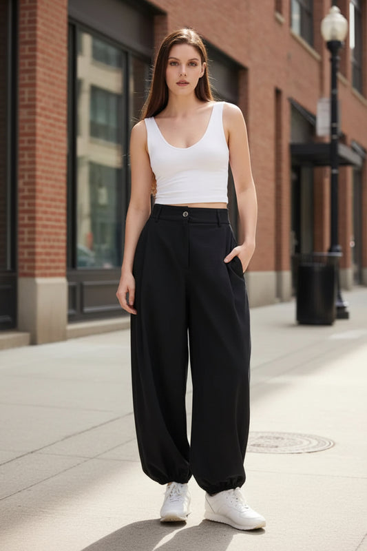 ELASTIC HEM BALLOON PANTS - 8-12 - BLACK