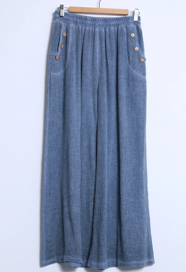 LINEN/COTTON BUTTON PALAZZO - 10-16 - DENIM BLUE