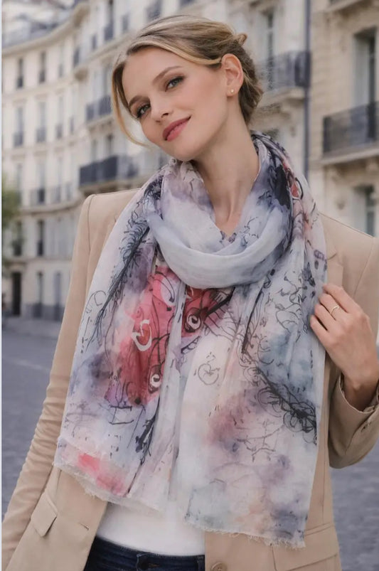 ABSTRACT CAT PRINT SCARF- GREY