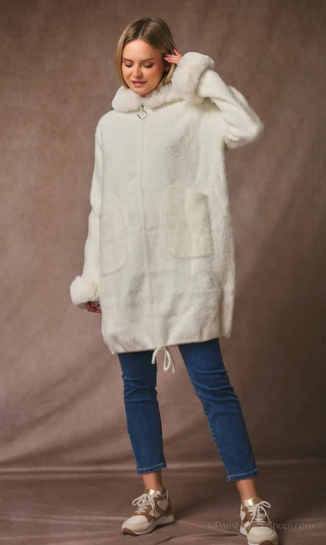 FUR HOODED COAT - 10-16 - CREAM