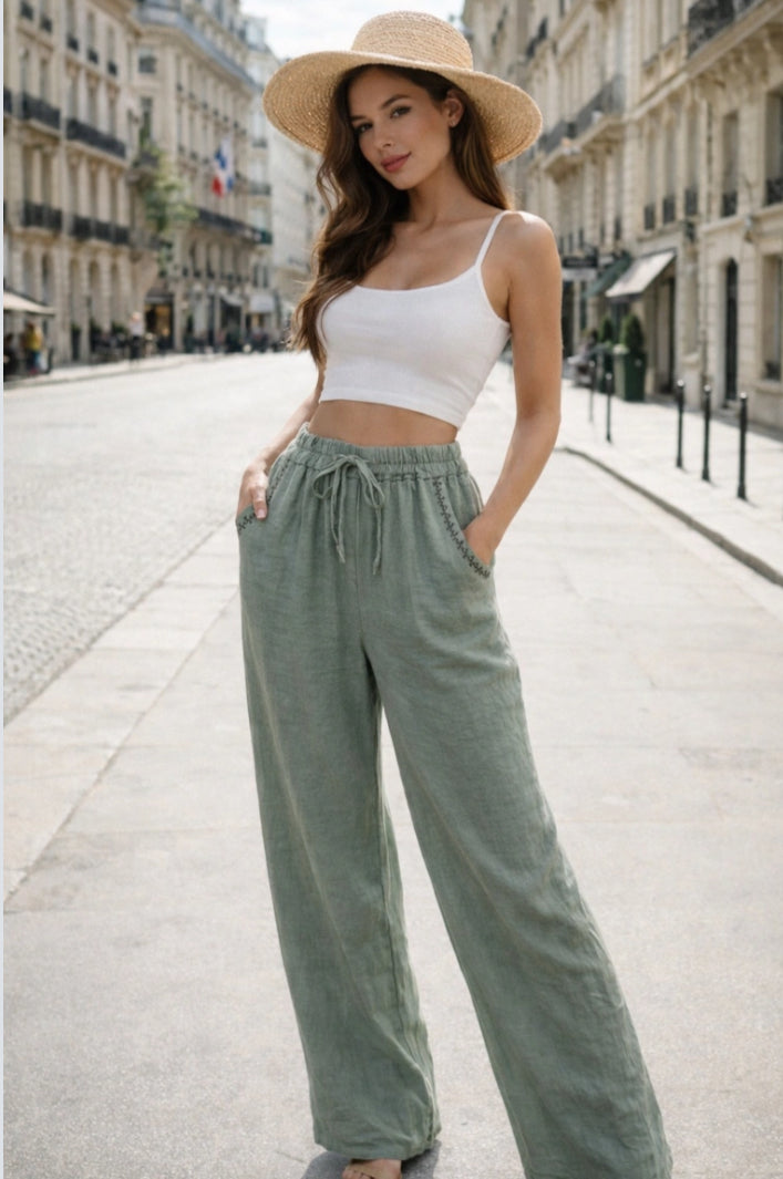 STITCH DETAIL LINEN PANTS - 10-16 - KHAKI