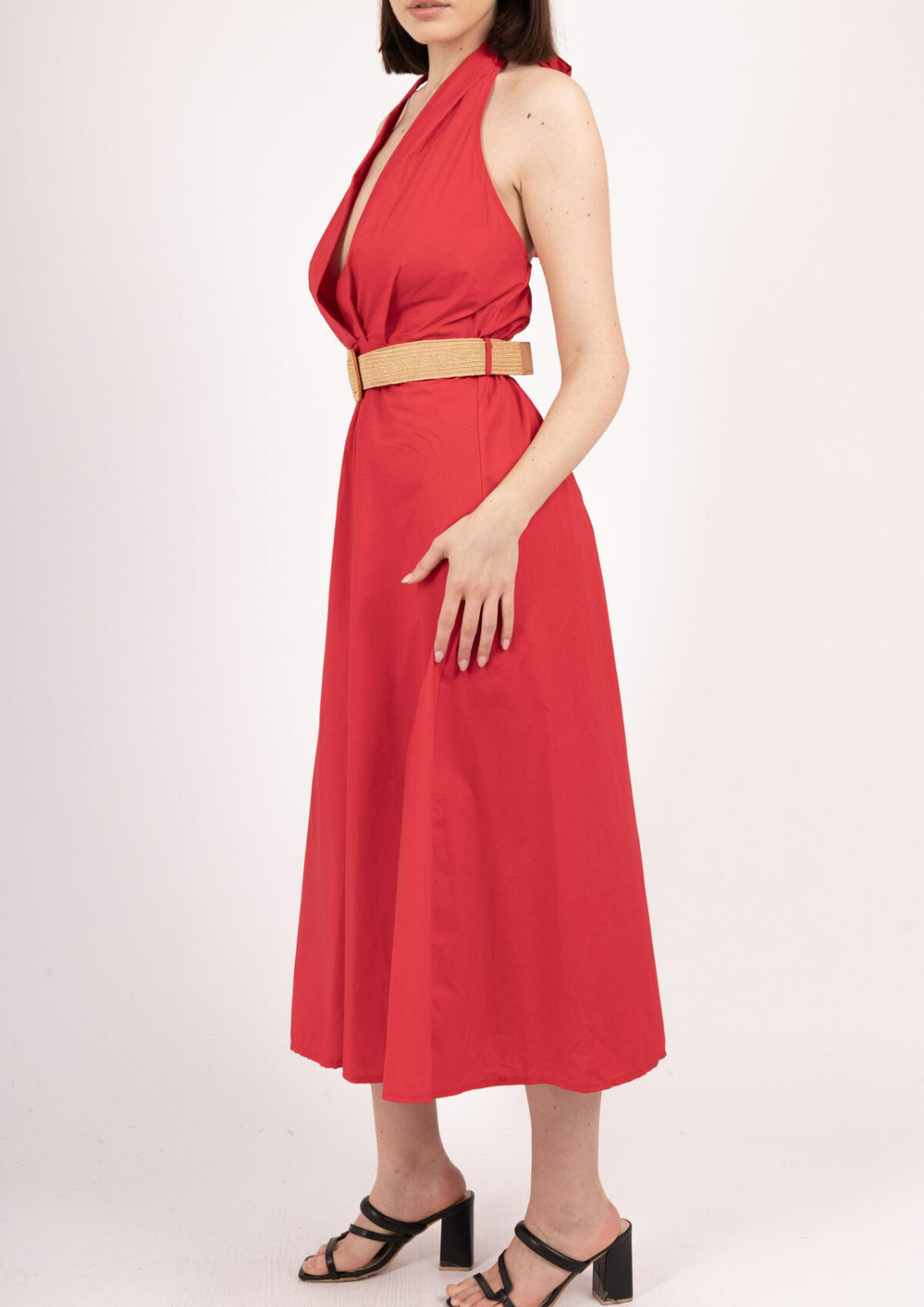 COTTON HALTERNECK BELTED DRESS - 8-12 - RED
