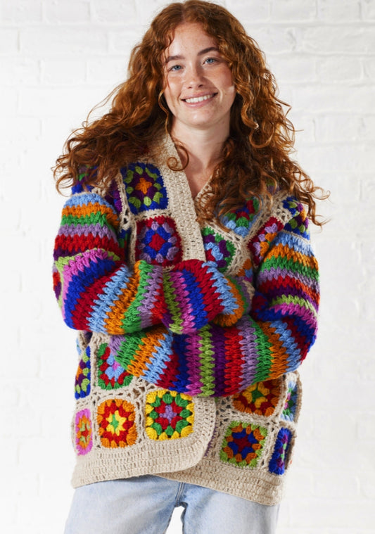 100% WOOL GRANNY SQUARE CARDI - FREE SIZE