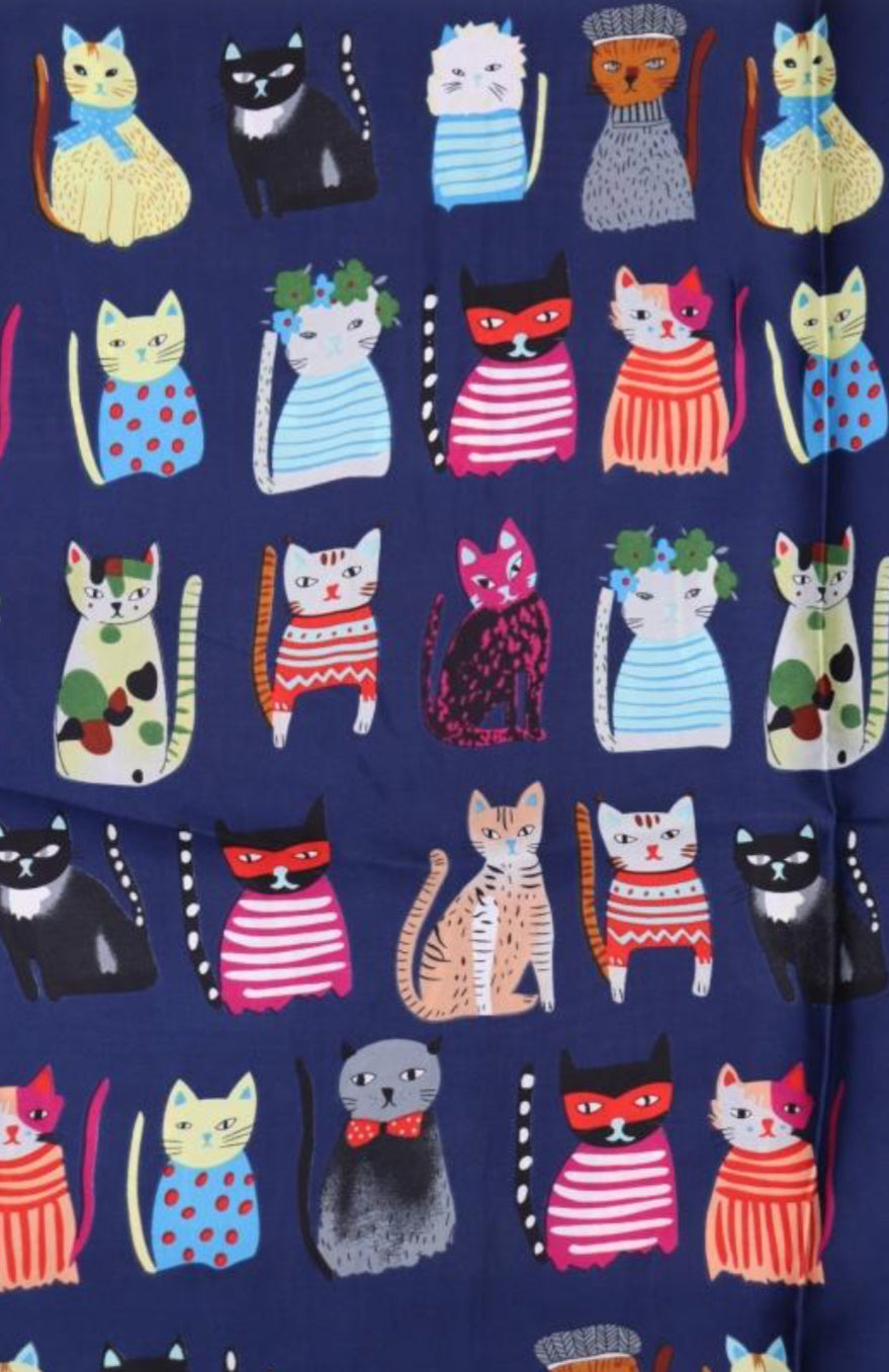 SILK BLEND CAT PRINT SCARF - NAVY
