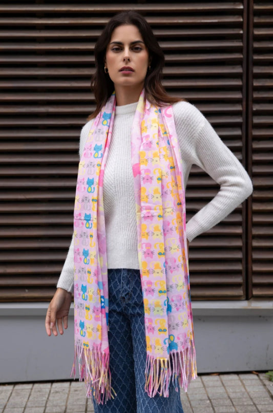 FRINGED CAT PRINT SCARF
