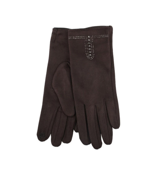 RHINESTONE SUEDETTE GLOVES - CHOCOLATE