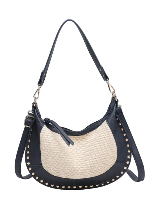 STUD WOVEN SHOULDER BAG - NAVY