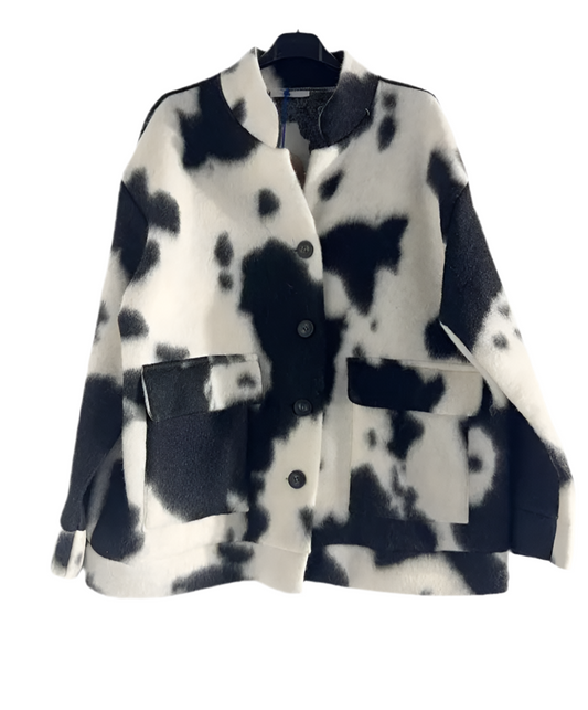 WOOL BLEND COW PRINT BUTTON COAT - 10-16 - BLACK