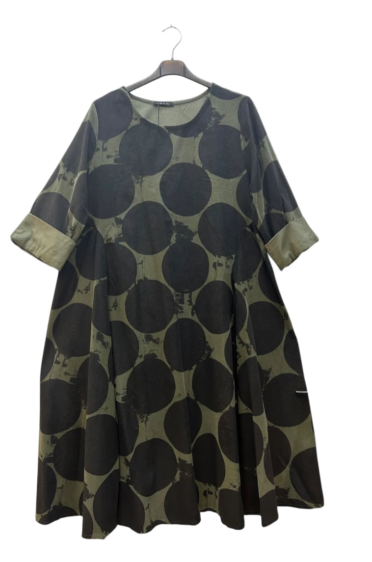 COTTON CIRCLE PRINT DRESS - 10-14/16 - KHAKI