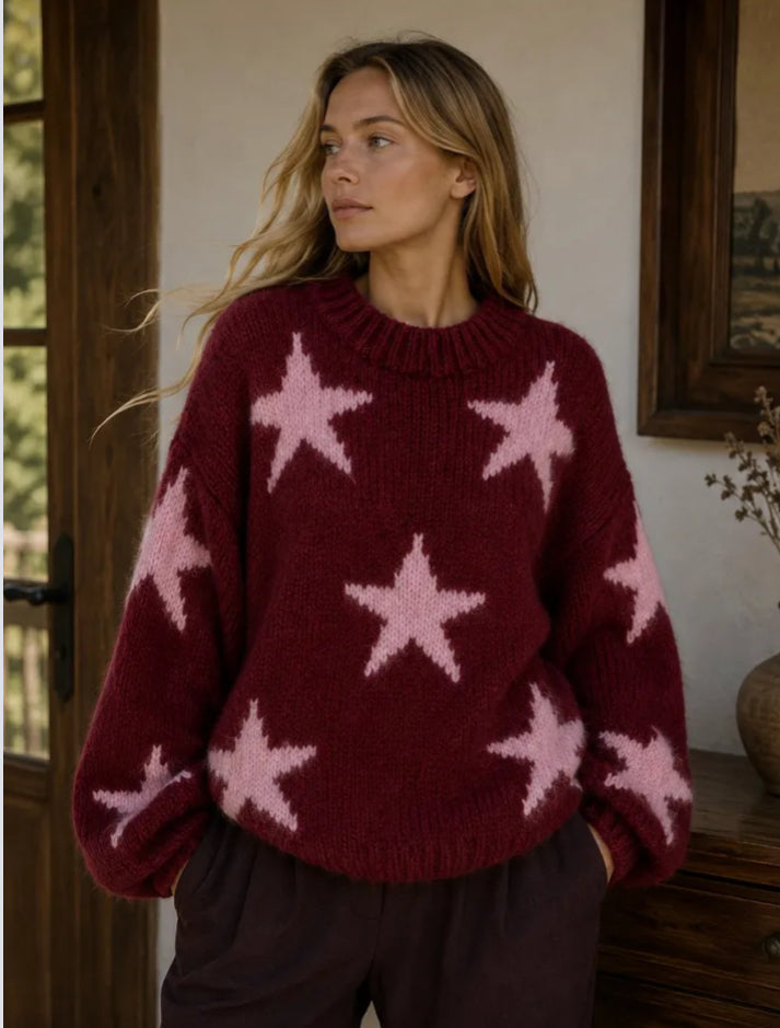 WOOL BLEND STAR KNIT - 10-16 - BURGUNDY/PINK