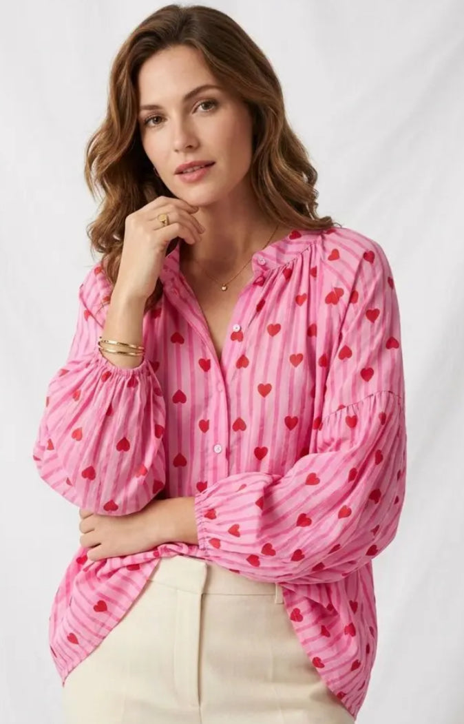 COTTON HEART PRINT BLOUSE - 10-16 - FUSCHIA