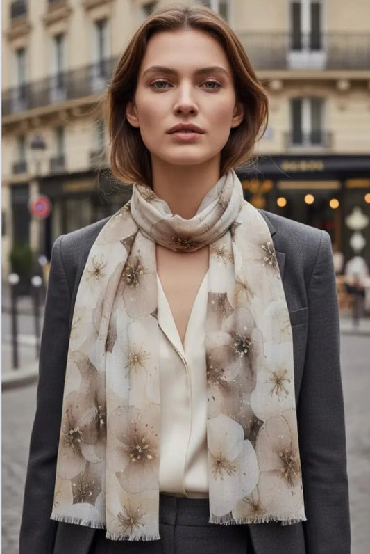 FOIL FLORAL PRINT SCARF- TAUPE